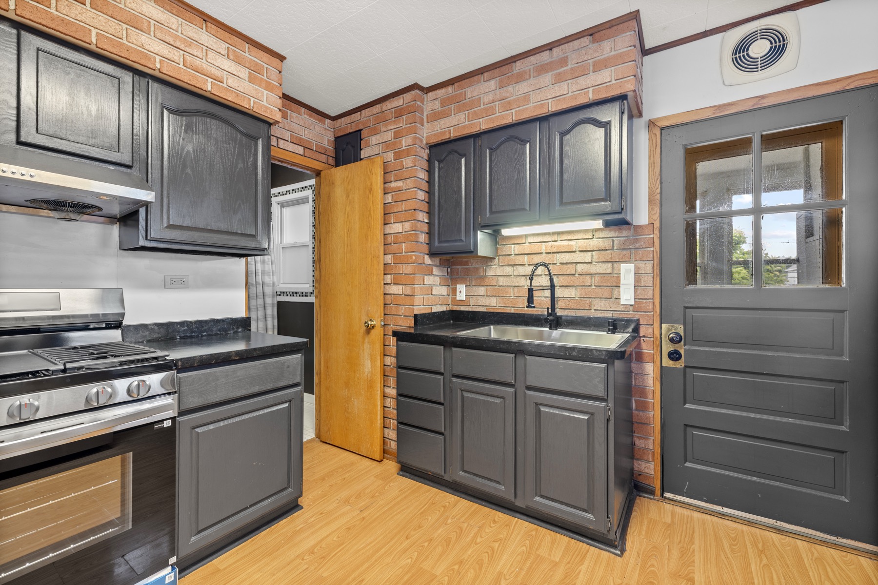 Sink, stove & bathroom